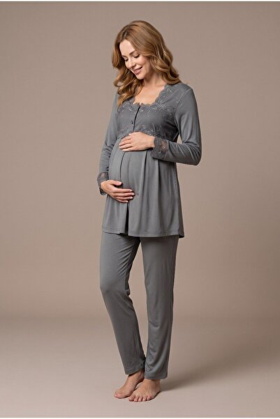 LOHOUSE Women's Smoked Long Sleeve Lace Maternity Pajama Set for Easy Breastf...
