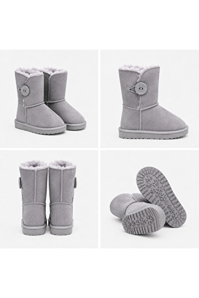 ŞAPKAKİDS Unisex Children's Thick Sole Furry Daily Buttoned Long Boots