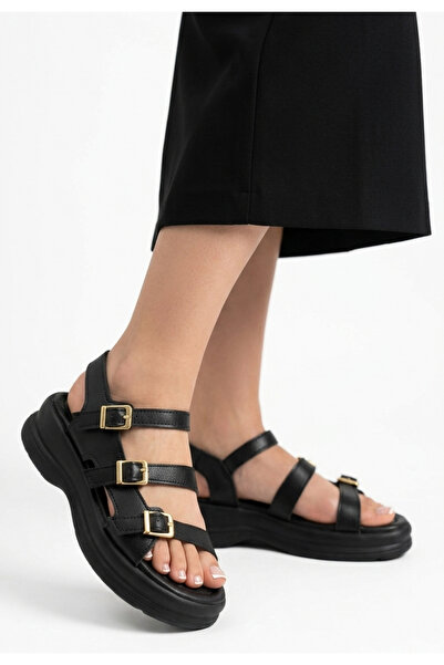 NESSİMO Black Leather Buckle Sandals