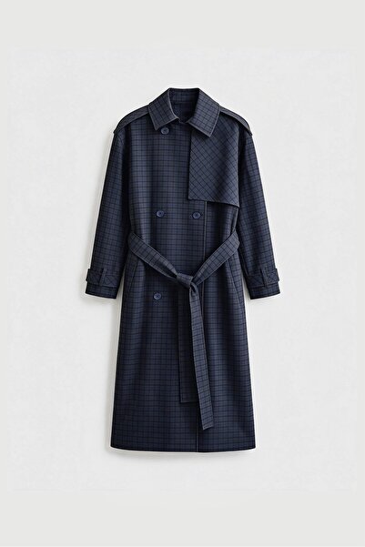 BRTC design Women's Navy Blue Plaid Detailed Premium Trench Coat
