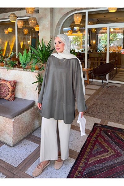 nurvina modest wear Oversize Slit Detailed Modal Fabric Hijab Tunic Khaki