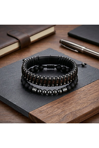 HOBİSY GIFT SHOP 2-Piece Combination Men's Bracelet Set, Black Leather and Na...