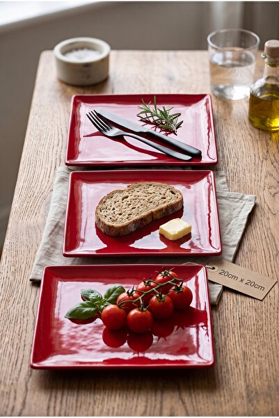 h homerest Servis Tabağı Kare Kırmızı Parlak Yüzeyli Modern Kahvaltılık Yemek...