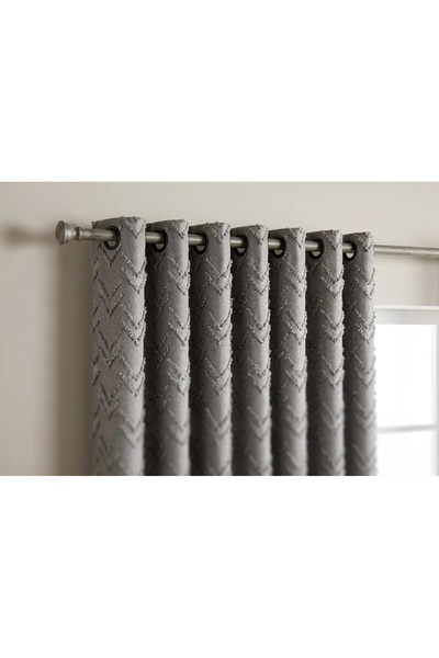 Leo Boutique Curtain Püsküllü Balıksırtı Desenli Rustik Fon Perde Halkalı Gro...