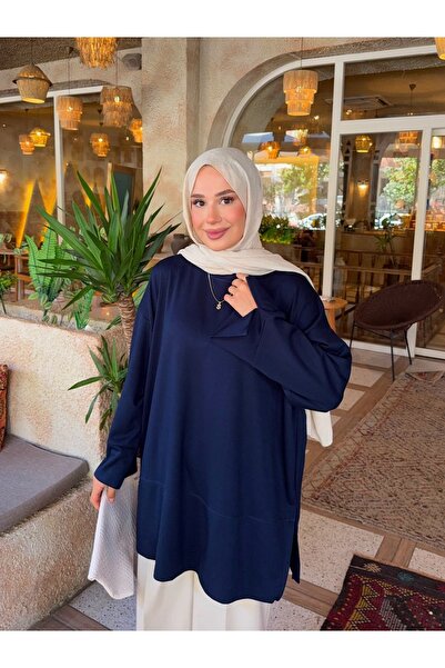 nurvina modest wear Oversize Slit Detailed Modal Fabric Hijab Tunic Dark Blue