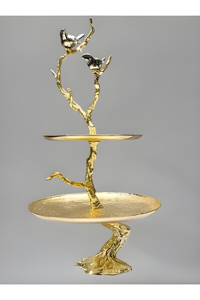 Generic Brand Gold Plated 2 Tier Cake Stand With Nickel Plated Birds