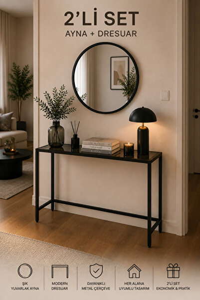 HADİD METAL DİZAYN Modern Metal Dresuar ve Yuvarlak Duvar Aynası Seti 90x90x3...