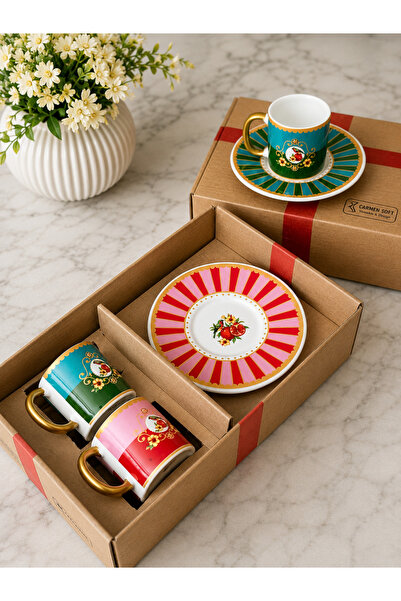 Yumuk Shop Bird Colorful 2-Person Coffee Cup Set with Pomegranate Bow and Box...