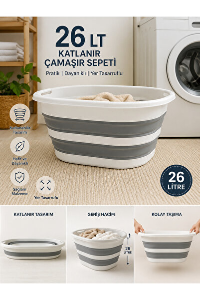 Mihremir 26 LT Katlanır Çamaşır Sepeti - Kirli/temiz çamaşır sepeti (selesi)