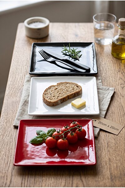 h homerest Kare Servis Tabağı 3'lü Sunum Seti Siyah Beyaz Kırmızı 20x20 cm Gü...