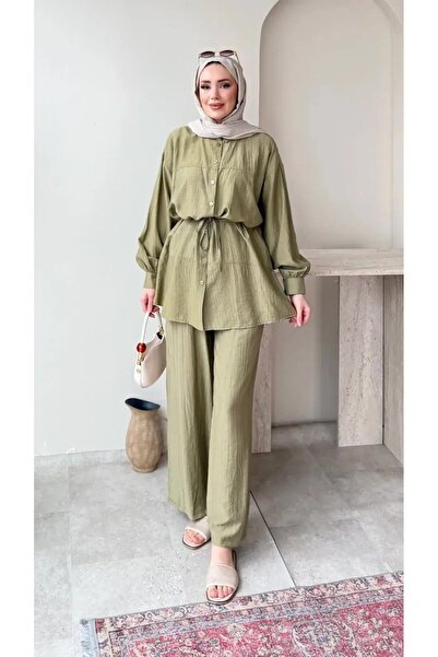 Miraydın Butik Women's Belted Tunic Trouser Set M6034 - Green