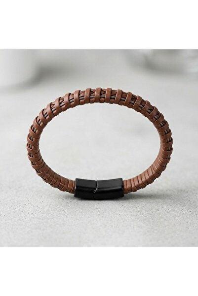 HOBİSY GIFT SHOP Tan Color Leather Men's Bracelet with Steel Magnet Clip Gift...