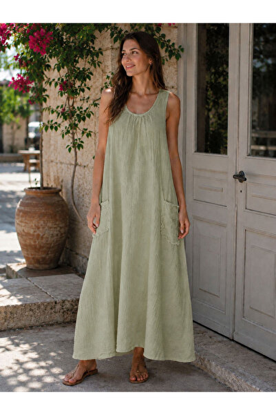 cesita Women's Aqua Green 100% Cotton Muslin Fabric Long Dress with Pockets