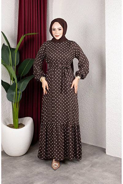 sefamerve Viscose Fabric Polka Dot Belted Hijab Dress 0901-04 Brown