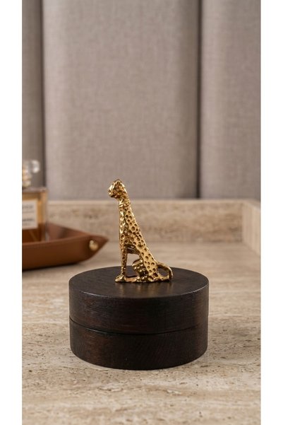 GİSVOL Ashtray with Wooden Leopard Figure and Metal Decorative Lid, Gift Tabletop Ashtray Dark Gold Leopard