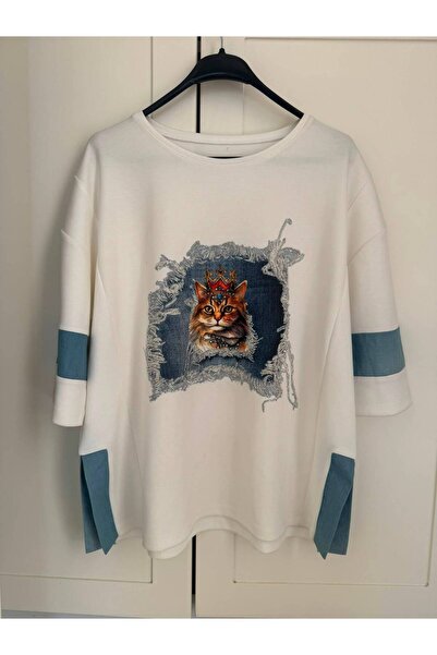 sajarsln Women's Plus Size White Crowned Cat Printed Oversize T-Shirt with De...