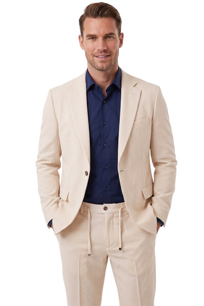 DeepSEA Men's Beige Slim Fit Lycra Seersucker Fabric Suit Drawstring Elastica...