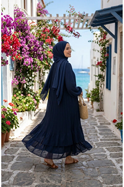 sefamerve Pleated Chiffon Hijab Dress 5751-01 Navy Blue