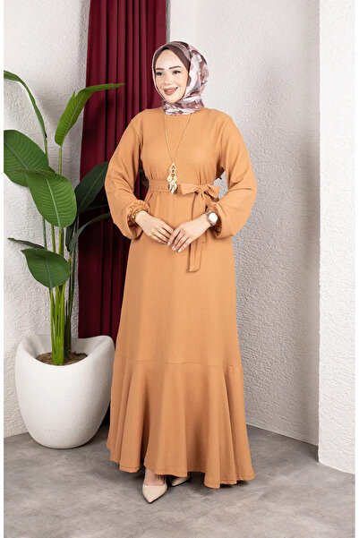 sefamerve Bürümcük Fabric Sleeve Elastic Belted Hijab Dress 0911-02 Mink