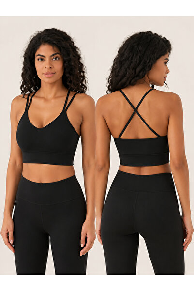 ARMAĞANİKA Women's V-Neck Double Straps Cross Back Sports Bustier Crop Top