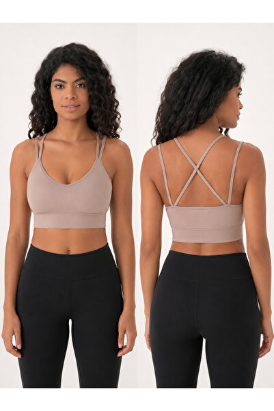 ARMAĞANİKA Women's V-Neck Double Straps Cross Back Sports Bustier Crop Top