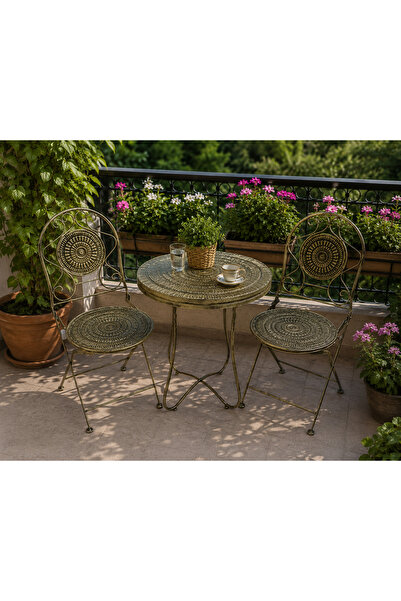 Hinora Eskitme Gold Yuvarlak Metal Balkon Bahçe Masa Sandalye Takımı – 2 Kişi...