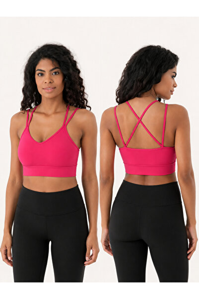 ARMAĞANİKA Women's V-Neck Double Straps Cross Back Sports Bustier Crop Top