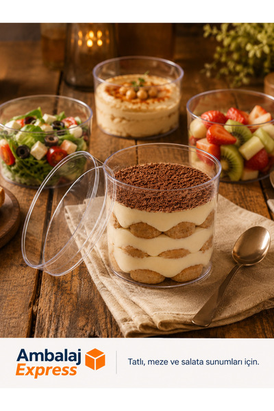 Ambalaj Express.com.tr 6'lı Yuvarlak Tiramisu Cup Mika Kase Plastik Şeffaf Ka...