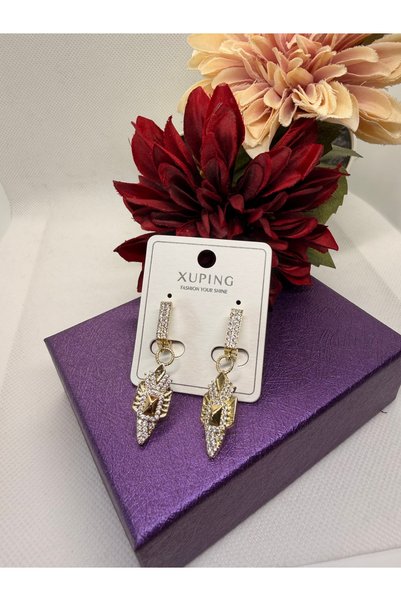 XUPING JEWELRY 14K RENGİ ZİRKON TAŞLI PİRAMİT SARKIT MODEL ÇELİK KÜPE