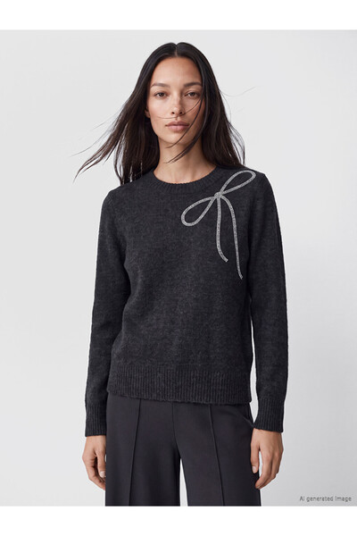 LC Waikiki Vizyon New Season Black Bow and Stone Women's Knitwear Sweater