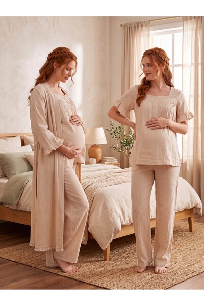 Lohusa Homewear New Season Beige Muslin Fabric Buttoned Breastfeeding Compati...