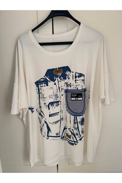 sajarsln Women's Plus Size White Denim Printed Oversize T-Shirt with Real Poc...