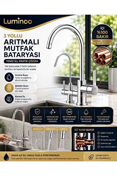 Luminoo 3 Yollu Kendiliğinden Arıtma Su Makinesi Mutfak Bataryası Krom İç Yap...