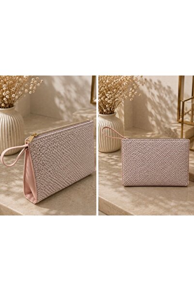 todays co Wicker Model Zipper Detailed Pink Handbag with Handle