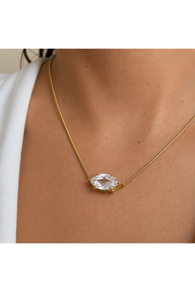 nerora İnce Zarif İtalyan Yılan Zincirli Büyük Markiz Taşlı 14K Gold Rodyum K...
