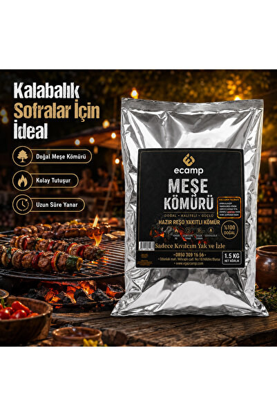 ECAMP 100% DOĞAL TEK KİBRİTLE TUTUŞAN MEŞE KÖMÜRÜ 1.5 KG