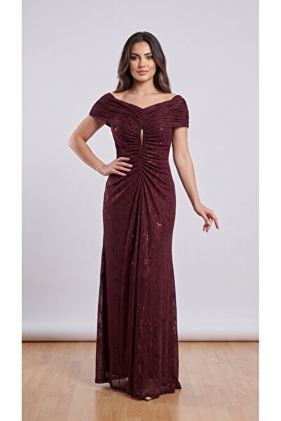DVINA Burgundy Ruched Evening Dress with Off-Shoulder Detail and Shimmering A...