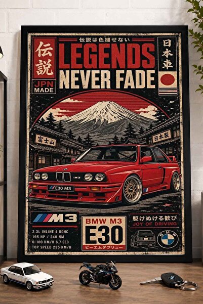 dudekohome BMW E30 M3 Poster Çerçeveli Tablo Retro JDM Klasik Araba Duvar Dek...