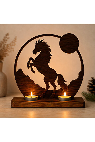 ROKH 🐎 Ahşap At Temalı Tealight Mumluk | Dekoratif Doğal Ahşap Mumluk 25x25 cm