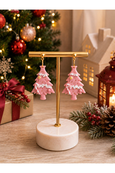 Miyamila Women's Pink Christmas Pine Tree Earrings |   Handmade Design Earrin...