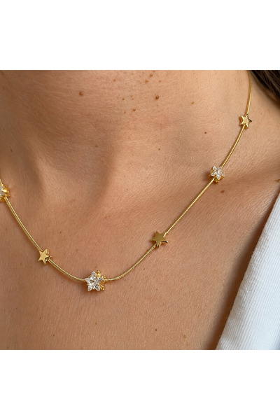 nerora İnce Zarif İtalyan Yılan Zincirli Çoklu Yıldız Taşlı 14K Gold Rodyum K...