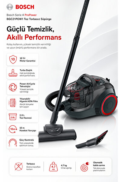 Bosch Toz Torbasız Elektrikli Süpürge, Turbo Başlık, Power AirCycle Teknoloji...