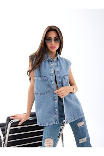 Perryes Kadın Çıtçıtlı Denim Yelek Mavi