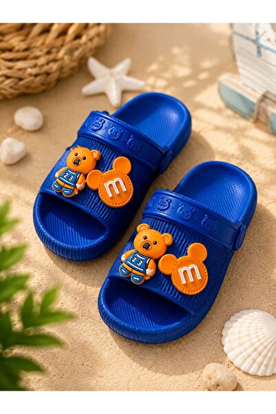 babelia Blue Children's Slippers with Orange Teddy Bear Figure and Back Strap...