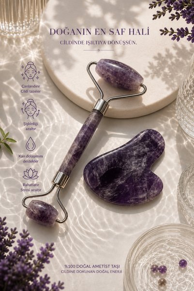 Genel Markalar 💜 Ametist Taş Face Roller & Gua Sha Yüz Bakım Seti – Doğal Ta...
