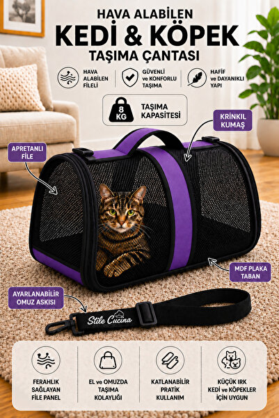 Stile Cucina Hava Alabilen Fileli Kedi ve Köpek Taşıma Çantası – , Katlanabil...