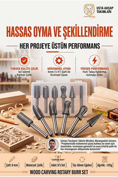 Transformacion 6'lı Ahşap Oyma Freze Ucu Seti 6mm Şaftlı Kalıpçı Taşlama Matk...