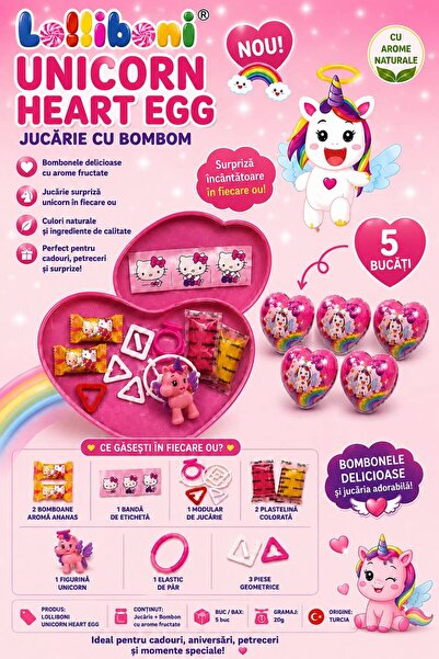 Lolliboni Unicorn Heart Egg – Surprise Toy with Candy, 20 g × 5 Pieces