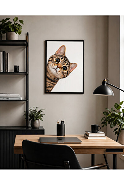 Meraklı Kedi Temalı A4 Siyah Çerçeveli Dekoratif Tablo