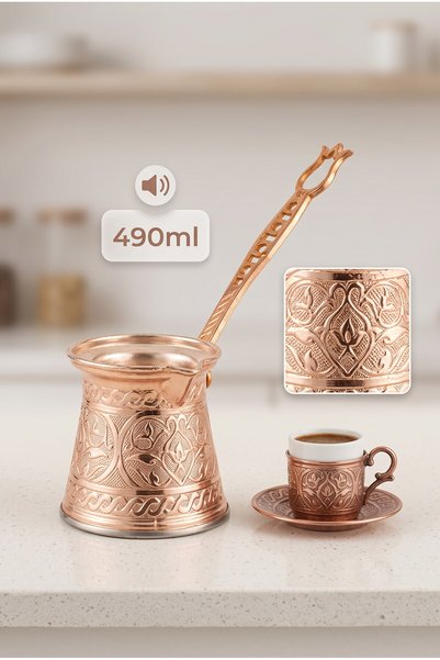 Mijja 490 ml Traditional Embossed Cast Steel Induction Compatible Turkish Coffee Pot for 6-8 People
